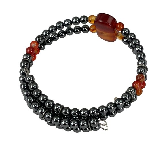 Hematite & Carnelian Beaded Stretch Bracelet With Central Gemstone Accent - Picture 7 of 8